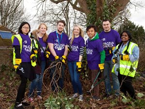 Student volunteers tidy up Egham ahead of the Magna Carta celebrations 