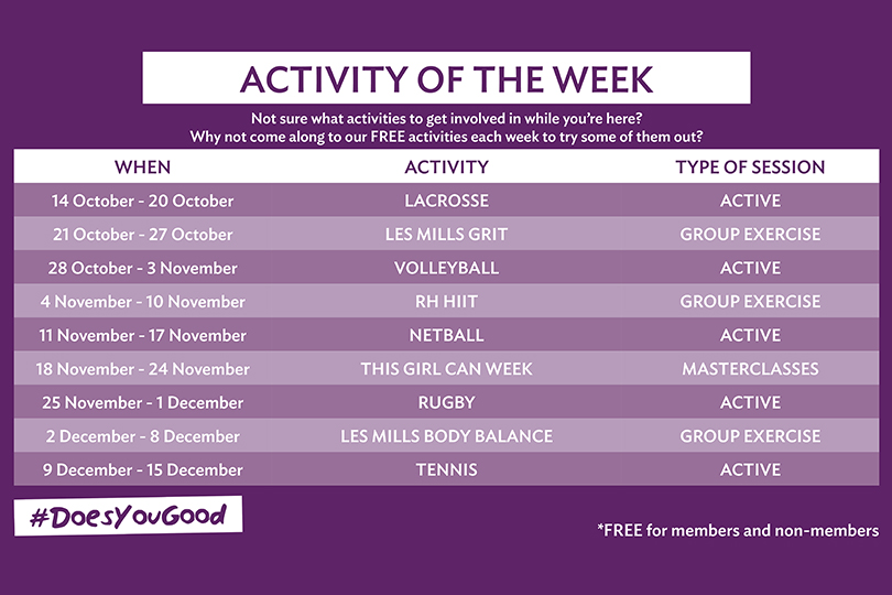 Sport activity of the week timetable 810x540