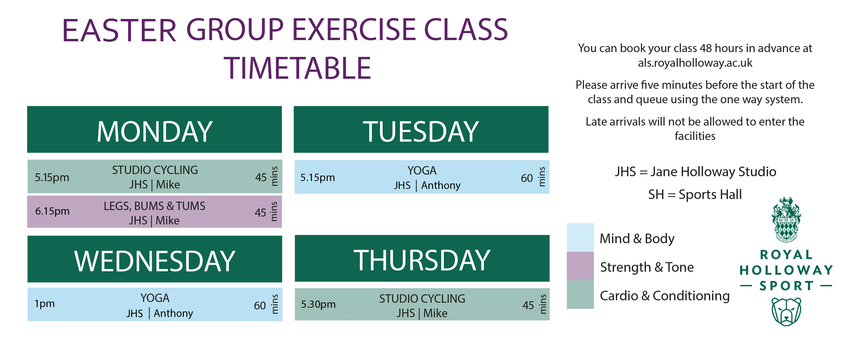 Easter group exercise timetable Royal Holloway Student